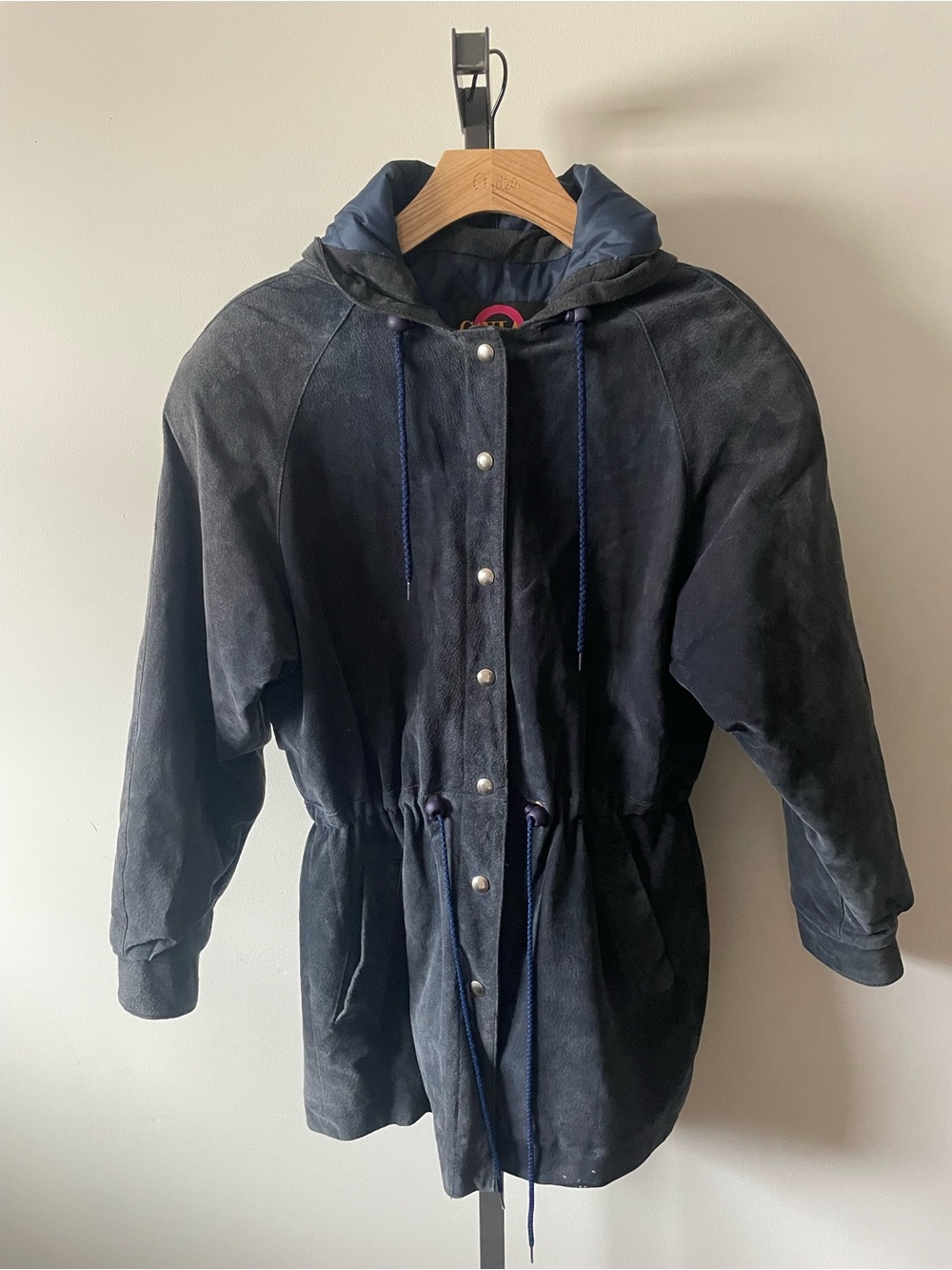 80s 90s Vintage Caviar Suede Hooded Drawstring Utility Jacket Coat Long Small